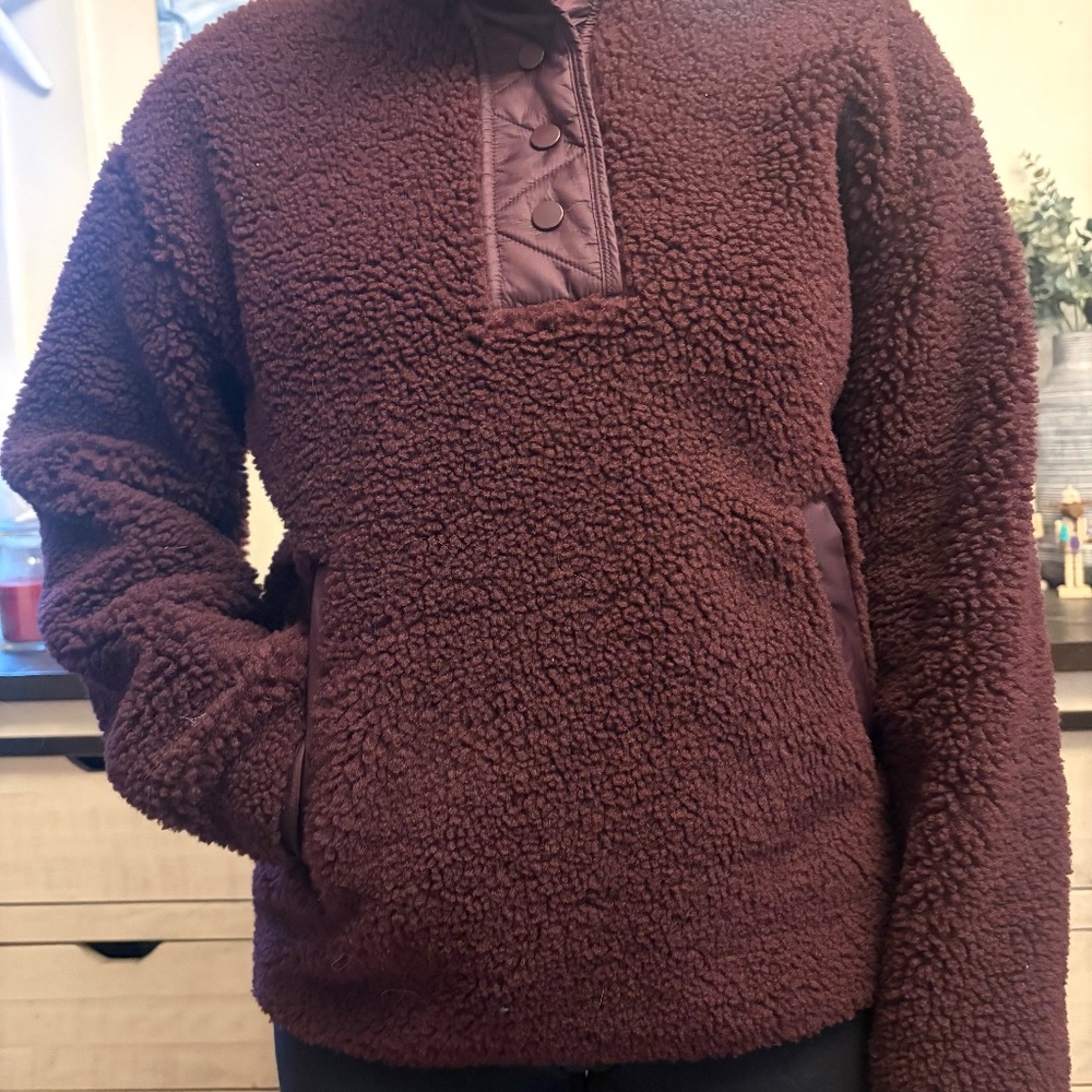 Athleta Womens Fleece Sherpa Pullover Quarter Snap‎ Up Burgundy